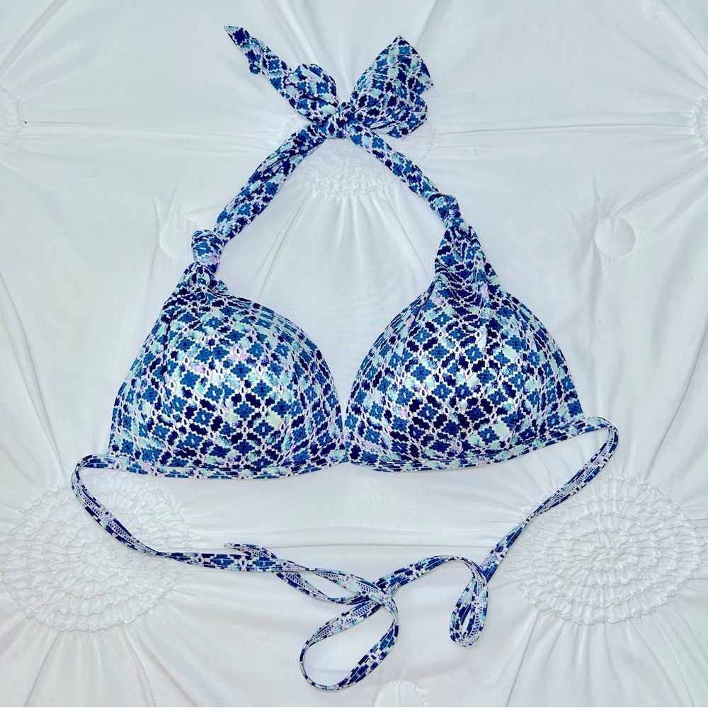 Athleta Blue & Purple Multicolor Triangle Halter Tie Back Bikini Top Sz Large
